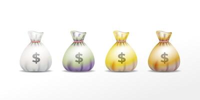 Set of Moneybags in various colors isolated on white background. Metallic color Money bag with a dollar sign icon. Symbolizing Growth income, savings, investment, wealth, and financial prosperity vector