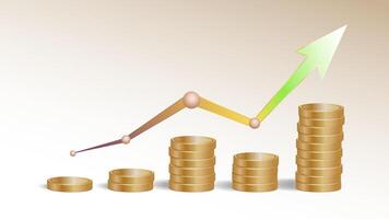A 3D illustration of a stack of golden coins with an decrease and increase arrow graph, symbolizing financial growth and success vector
