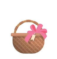 Wicker basket with pink decorative ribbon, rustic and picnic with Easter elements, cartoon illustration or icon vector
