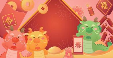 Elements of Chinese New Year, firecrackers and red paper packages with gold coins, playful and cute mascot of dragon vector