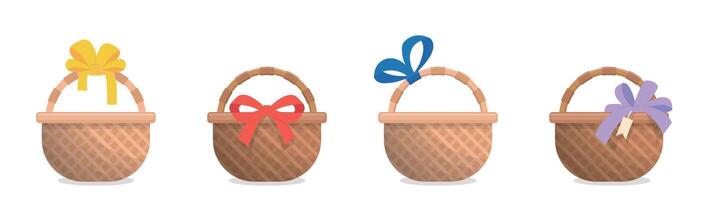 Set of wicker baskets with decorative ribbons isolated on white background, colorful, rustic style, cartoon illustration or icon vector