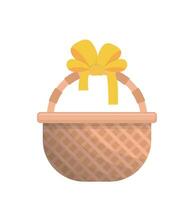 Wicker basket with yellow decorative ribbon, rustic and picnic with Easter elements, cartoon illustration or icon vector