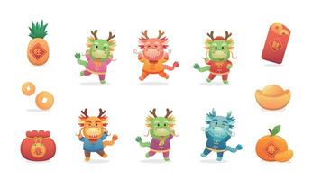 Set of cute Chinese dragon characters or mascots, playful and cute cartoon characters, elements for Chinese New Year vector