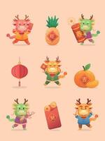 Set of cute Chinese dragon characters or mascots, playful and cute cartoon characters, elements for Chinese New Year vector