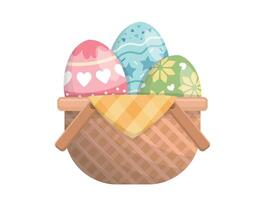 Wicker basket with easter eggs isolated on white background, colorful eggs, cartoon style vector