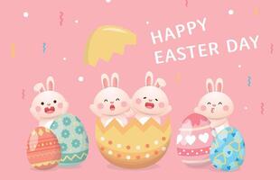 Easter with cute playful rabbit mascot, colorful eggs, invitation card and poster, illustration vector
