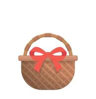 Wicker basket with red decorative ribbon, rustic and picnic with Easter elements, cartoon illustration or icon vector