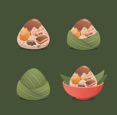 A set of Zongzi set for the Dragon Boat Festival, a traditional Asian festival, glutinous rice food wrapped with bamboo leaves, delicious fillings and sauces