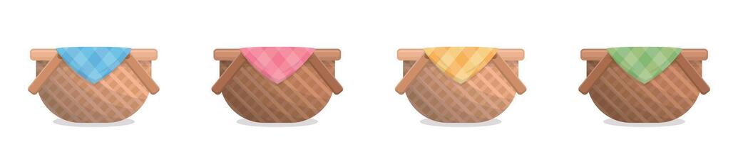 Set of wicker baskets with picnic cloth isolated on white background, colorful, rustic picnic style, cartoon illustration or icon vector
