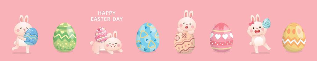 Set of cute and playful rabbit mascots or characters, colorful easter eggs, illustration vector