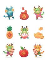 Set of cute Chinese dragon characters or mascots, playful and cute cartoon characters, elements for Chinese New Year vector