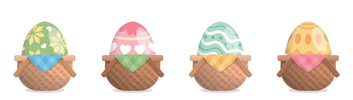Set of wicker baskets with easter eggs isolated on white background, colorful eggs, cartoon style vector