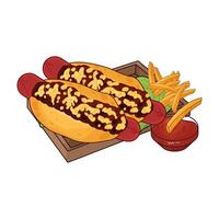 two hotdogs with french fries vector