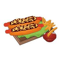 two hotdogs and french fries vector