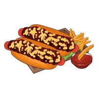 two hotdogs and french fries illustration vector