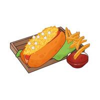 French fries with cheese hotdog vector
