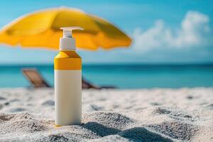 Sunscreen bottle on sandy beach with umbrella and blue sky background. Summer vacation concept photo