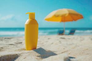 Sunscreen bottle on sandy beach with umbrella and blue sky background. Summer vacation concept photo