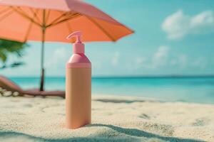 Sunscreen bottle on sandy beach with umbrella and blue sky background. Summer vacation concept photo