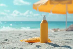Sunscreen bottle on sandy beach with umbrella and blue sky background. Summer vacation concept photo