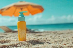 Sunscreen bottle on sandy beach with umbrella and blue sky background. Summer vacation concept photo