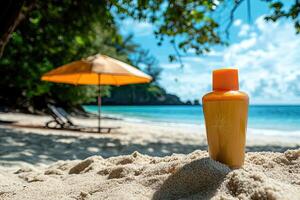 Sunscreen bottle on sandy beach with umbrella and blue sky background. Summer vacation concept photo
