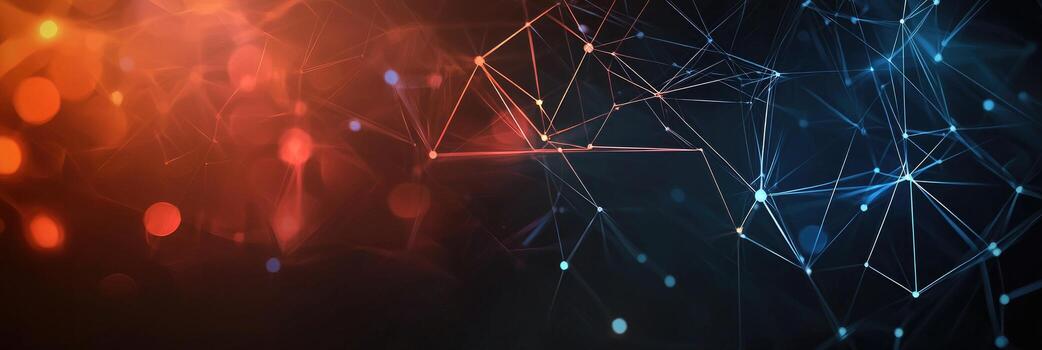 Futuristic digital network visualization with glowing nodes and lines, representing data connections, technology, and modern communication photo