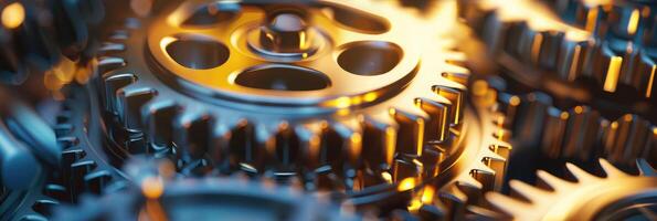 Detailed view of interlocking metallic gears in motion, showcasing the complexity and precision of mechanical engineering and machinery photo