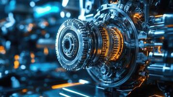 Detailed view of interlocking metallic gears in motion, showcasing the complexity and precision of mechanical engineering and machinery photo