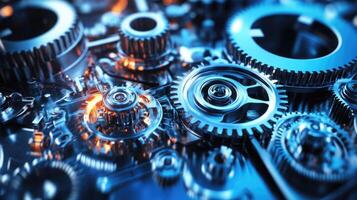 Detailed view of interlocking metallic gears in motion, showcasing the complexity and precision of mechanical engineering and machinery photo