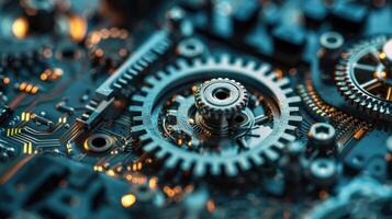 Detailed view of interlocking metallic gears in motion, showcasing the complexity and precision of mechanical engineering and machinery photo
