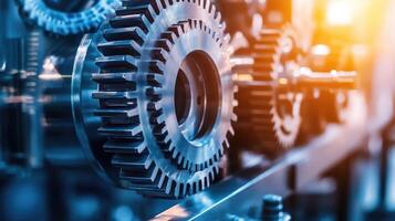 Detailed view of interlocking metallic gears in motion, showcasing the complexity and precision of mechanical engineering and machinery photo