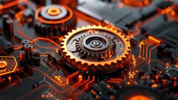 Detailed view of interlocking metallic gears in motion, showcasing the complexity and precision of mechanical engineering and machinery photo