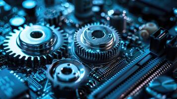 Detailed view of interlocking metallic gears in motion, showcasing the complexity and precision of mechanical engineering and machinery photo