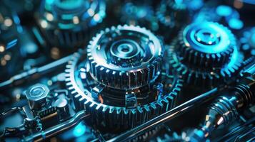 Detailed view of interlocking metallic gears in motion, showcasing the complexity and precision of mechanical engineering and machinery photo