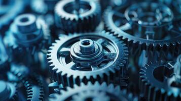 Detailed view of interlocking metallic gears in motion, showcasing the complexity and precision of mechanical engineering and machinery photo