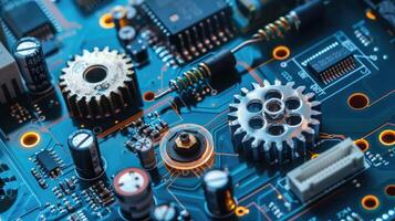 Detailed view of interlocking metallic gears in motion, showcasing the complexity and precision of mechanical engineering and machinery photo