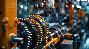 Detailed view of interlocking metallic gears in motion, showcasing the complexity and precision of mechanical engineering and machinery photo