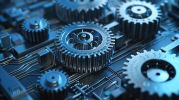 Detailed view of interlocking metallic gears in motion, showcasing the complexity and precision of mechanical engineering and machinery photo