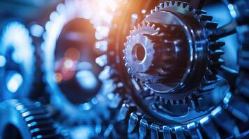 Detailed view of interlocking metallic gears in motion, showcasing the complexity and precision of mechanical engineering and machinery photo
