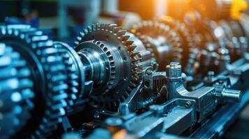 Detailed view of interlocking metallic gears in motion, showcasing the complexity and precision of mechanical engineering and machinery photo