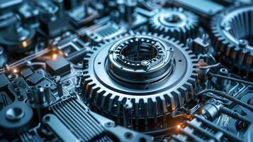 Detailed view of interlocking metallic gears in motion, showcasing the complexity and precision of mechanical engineering and machinery photo