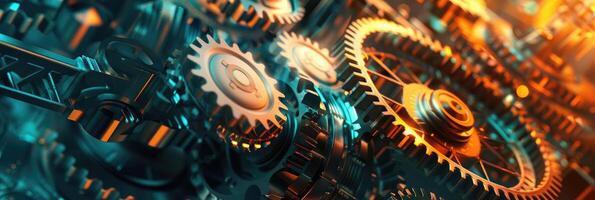 Detailed view of interlocking metallic gears in motion, showcasing the complexity and precision of mechanical engineering and machinery photo