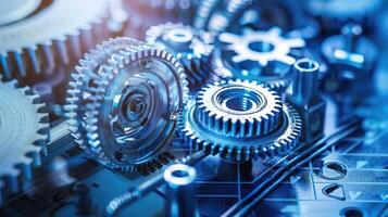 Detailed view of interlocking metallic gears in motion, showcasing the complexity and precision of mechanical engineering and machinery photo