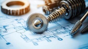 Detailed view of interlocking metallic gears in motion, showcasing the complexity and precision of mechanical engineering and machinery photo