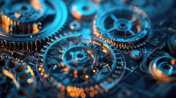 Detailed view of interlocking metallic gears in motion, showcasing the complexity and precision of mechanical engineering and machinery photo