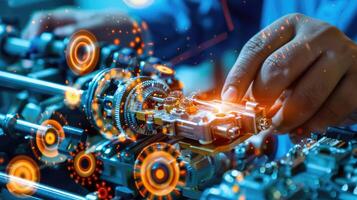 Detailed view of interlocking metallic gears in motion, showcasing the complexity and precision of mechanical engineering and machinery photo