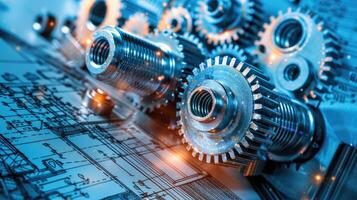 Detailed view of interlocking metallic gears in motion, showcasing the complexity and precision of mechanical engineering and machinery photo