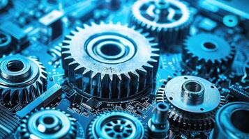 Detailed view of interlocking metallic gears in motion, showcasing the complexity and precision of mechanical engineering and machinery photo