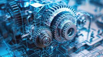 Detailed view of interlocking metallic gears in motion, showcasing the complexity and precision of mechanical engineering and machinery photo